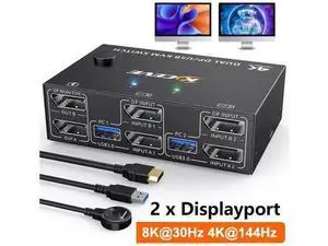 Displayport KVM Switch for 2 Monitors 2 Computers 8K@30Hz 4K@144Hz, USB 3.0 Dual Monitor Displayport 1.4 KVM Switches with 4 USB 3.0 Port for USB Devices, Wired Remote and 4 Cable Included Displayport KVM Switch for 2 Monitors 2 Computers 8K@30Hz 4K@144Hz, USB 3.0 Dual Monitor Displayport 1.4 KVM Switches with 4 USB 3.0 Port for USB Devices, Wired Remote and 4 Cable Included