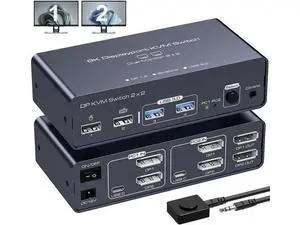 2 Port Dual Monitor DisplayPort KVM Switch 2 in 2 Out, 8K60Hz 4K120Hz Displayport KVM Switch for 2 Monitors 2 Computers Shared 4 USB Device Support DP1.4 With USB3.0 to USB C Cable - Aluminium 2 Port Dual Monitor DisplayPort KVM Switch 2 in 2 Out, 8K60Hz 4K120Hz Displayport KVM Switch for 2 Monitors 2 Computers Shared 4 USB Device Support DP1.4 With USB3.0 to USB C Cable - Aluminium