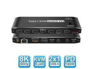 2x1 Type C KVM Switch, 8K Thunderbolt 4 USB C KVM Switch with Ethernet Port RJ45 100W PD Charge 4K 144Hz Type C KVM Switch Switcher for 2 Computer 1 Monitor 2x1 Type C KVM Switch, 8K Thunderbolt 4 USB C KVM Switch with Ethernet Port RJ45 100W PD Charge 4K 144Hz Type C KVM Switch Switcher for 2 Computer 1 Monitor