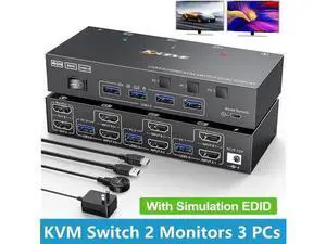 USB 3.0 HDMI KVM Switch 2 Monitors 3 Computers 4K@60Hz 2K@144Hz, Edid simulation, Dual Monitor HDMI KVM Switch 3 in 2 Out for 3 Computers Share 2 Displays and 4 USB3.0 Port Keyboard Mouse Printer USB 3.0 HDMI KVM Switch 2 Monitors 3 Computers 4K@60Hz 2K@144Hz, Edid simulation, Dual Monitor HDMI KVM Switch 3 in 2 Out for 3 Computers Share 2 Displays and 4 USB3.0 Port Keyboard Mouse Printer