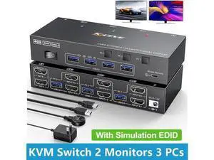 USB 3.0 HDMI KVM Switch 2 Monitors 3 Computers 4K@60Hz 2K@144Hz, Edid simulation, Dual Monitor HDMI KVM Switch 3 in 2 Out for 3 Computers Share 2 Displays and 4 USB3.0 Port Keyboard Mouse Printer USB 3.0 HDMI KVM Switch 2 Monitors 3 Computers 4K@60Hz 2K@144Hz, Edid simulation, Dual Monitor HDMI KVM Switch 3 in 2 Out for 3 Computers Share 2 Displays and 4 USB3.0 Port Keyboard Mouse Printer