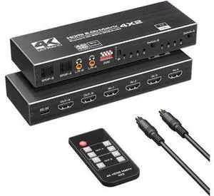 4K HDMI Matrix Switch 4x2, Video Switcher Splitter 4 in 2 Out, Optical and LR Audio Output with IR Remote Controller, Support 4K@60Hz 3D 18.5Gbps x 3 Data Rate, HDMI 2.0b, HDCP 2.2 4K HDMI Matrix Switch 4x2, Video Switcher Splitter 4 in 2 Out, Optical and LR Audio Output with IR Remote Controller, Support 4K@60Hz 3D 18.5Gbps x 3 Data Rate, HDMI 2.0b, HDCP 2.2