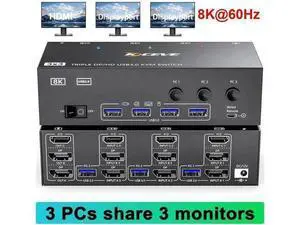 Vszerda KVM Switch 3 Monitors 3 Computers 8K@60Hz, 1* HDMI + 2* Displayport Triple Monitor USB 3.0 KVM Switches with 4 USB 3.0 Ports for Keyboard Mouse Printer, Wired Remote & Power Adapter included Vszerda KVM Switch 3 Monitors 3 Computers 8K@60Hz, 1* HDMI + 2* Displayport Triple Monitor USB 3.0 KVM Switches with 4 USB 3.0 Ports for Keyboard Mouse Printer, Wired Remote & Power Adapter included