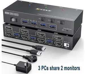 USB 3.0 HDMI KVM Switch 3 in 2 Out 4K@60Hz, EDID Emulator, Dual Monitor KVM Switch for 3 Computers Share 2 Displays Keyboard Mouse Printer, Wired Remote and Cables included USB 3.0 HDMI KVM Switch 3 in 2 Out 4K@60Hz, EDID Emulator, Dual Monitor KVM Switch for 3 Computers Share 2 Displays Keyboard Mouse Printer, Wired Remote and Cables included