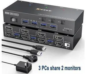 USB 3.0 HDMI KVM Switch 3 in 2 Out 4K@60Hz, EDID Emulator, Dual Monitor KVM Switch for 3 Computers Share 2 Displays Keyboard Mouse Printer, Wired Remote and Cables included USB 3.0 HDMI KVM Switch 3 in 2 Out 4K@60Hz, EDID Emulator, Dual Monitor KVM Switch for 3 Computers Share 2 Displays Keyboard Mouse Printer, Wired Remote and Cables included
