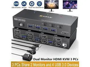 HDMI KVM Switch 2 Monitors 3 Computers 4K@60Hz, EDID Simulation, Dual Monitor HDMI USB KVM Switch for 3 Computers Share 2 Monitor and Keyboard Mouse Printer, Wired Remote and 5 Cables Included HDMI KVM Switch 2 Monitors 3 Computers 4K@60Hz, EDID Simulation, Dual Monitor HDMI USB KVM Switch for 3 Computers Share 2 Monitor and Keyboard Mouse Printer, Wired Remote and 5 Cables Included