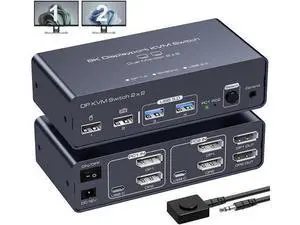 2 Port Dual Monitor DisplayPort KVM Switch 2 in 2 Out, 8K60Hz 4K120Hz Displayport KVM Switch for 2 Monitors 2 Computers Shared 4 USB Device Support DP1.4 With USB3.0 to USB C Cable - Aluminium 2 Port Dual Monitor DisplayPort KVM Switch 2 in 2 Out, 8K60Hz 4K120Hz Displayport KVM Switch for 2 Monitors 2 Computers Shared 4 USB Device Support DP1.4 With USB3.0 to USB C Cable - Aluminium