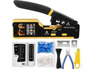RJ45 Crimp Tool Pass Through Ethernet Crimping Tool Kit Cat6 Cat5e Cat6a RJ45 Crimper with Cable Tester, Cat6 Connectors with RJ45 Boot Covers, Mini Stripper, Blades and Cable Ties RJ45 Crimp Tool Pass Through Ethernet Crimping Tool Kit Cat6 Cat5e Cat6a RJ45 Crimper with Cable Tester, Cat6 Connectors with RJ45 Boot Covers, Mini Stripper, Blades and Cable Ties