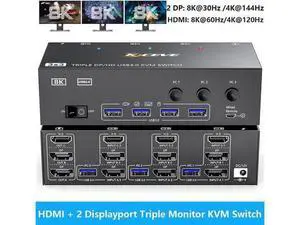 KVM Switch 3 Monitors 3 Computers 8K@60Hz, HDMI + 2* Displayport Triple Monitor KVM Switch with 4 USB 3.0 Ports for Keyboard Mouse Printer, Wired Remote, USB Cable and Power Adapter Included KVM Switch 3 Monitors 3 Computers 8K@60Hz, HDMI + 2* Displayport Triple Monitor KVM Switch with 4 USB 3.0 Ports for Keyboard Mouse Printer, Wired Remote, USB Cable and Power Adapter Included