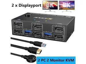 2 Port Displayport KVM Switch 2 in 2 Out 8K@30Hz 4K@144Hz, Dual Monitor Displayport USB 3.0 KVM Switch for 2 Computers Sharing 2 Monitor and 4 USB 3.0 Devices, Wired Remote & USB Cable Included 2 Port Displayport KVM Switch 2 in 2 Out 8K@30Hz 4K@144Hz, Dual Monitor Displayport USB 3.0 KVM Switch for 2 Computers Sharing 2 Monitor and 4 USB 3.0 Devices, Wired Remote & USB Cable Included