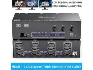 Vszerda KVM Switch 3 Monitors 3 Computers 8K@60Hz, HDMI + 2* Displayport Triple Monitor KVM Switch with 4 USB 3.0 Ports for Keyboard Mouse Printer, Wired Remote, USB Cable and Power Adapter Included Vszerda KVM Switch 3 Monitors 3 Computers 8K@60Hz, HDMI + 2* Displayport Triple Monitor KVM Switch with 4 USB 3.0 Ports for Keyboard Mouse Printer, Wired Remote, USB Cable and Power Adapter Included