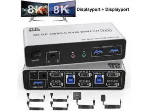 USB 3.0 DisplayPort KVM Switch 2 Computers 2 Monitors 8K@60Hz 4K@144Hz, Dual Monitor Displayport KVM Switches with Audio Microphone Output and 3 USB 3.0 Ports, Desktop Controller & 2 USB Cable USB 3.0 DisplayPort KVM Switch 2 Computers 2 Monitors 8K@60Hz 4K@144Hz, Dual Monitor Displayport KVM Switches with Audio Microphone Output and 3 USB 3.0 Ports, Desktop Controller & 2 USB Cable