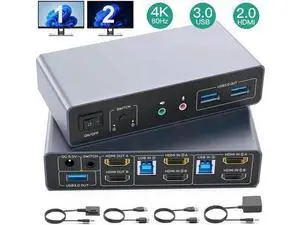 HDMI KVM Switch 2 Monitors 2 Computers, Dual Monitor KVM USB Switcher 4K@60Hz, HDMI Extended/Mirror Display for 2 PC Share 2 Monitors, with 3 USB 3.0 Port, Desktop Controller and 2 USB Cables HDMI KVM Switch 2 Monitors 2 Computers, Dual Monitor KVM USB Switcher 4K@60Hz, HDMI Extended/Mirror Display for 2 PC Share 2 Monitors, with 3 USB 3.0 Port, Desktop Controller and 2 USB Cables