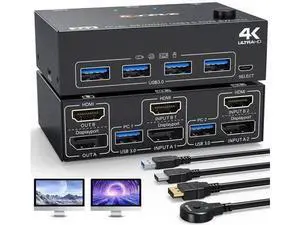 Vszerda KVM Switch 2 PC 2 Monitors 4K @ 60Hz 2K @ 120Hz, Displayport + HDMI Dual Monitors KVM Switch for 2 PCs that share 2 Monitors and 4 USB 3.0 Devices with HDMI + DP + USB Cable and Wired Remote Vszerda KVM Switch 2 PC 2 Monitors 4K @ 60Hz 2K @ 120Hz, Displayport + HDMI Dual Monitors KVM Switch for 2 PCs that share 2 Monitors and 4 USB 3.0 Devices with HDMI + DP + USB Cable and Wired Remote