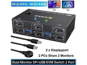 Vszerda 8K USB 3.0 Displayport KVM Switch 2 Monitors 2 Computers 8K@30Hz 4K@144Hz, Dual Monitor Displayport 1.4 KVM Switches with 4 USB 3.0 Port for USB Devices, Wired Remote and USB Cables Included Vszerda 8K USB 3.0 Displayport KVM Switch 2 Monitors 2 Computers 8K@30Hz 4K@144Hz, Dual Monitor Displayport 1.4 KVM Switches with 4 USB 3.0 Port for USB Devices, Wired Remote and USB Cables Included