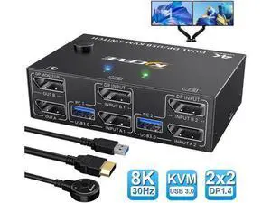 8K USB 3.0 Displayport KVM Switch 2 Computers 2 Monitors, 8K @30Hz 4K @144Hz Dual Monitor Displayport 1.4 KVM Switches 2 in 2 Out with 4 USB 3.0 Port for USB Device, Wired Remote and 4 Cables Included 8K USB 3.0 Displayport KVM Switch 2 Computers 2 Monitors, 8K @30Hz 4K @144Hz Dual Monitor Displayport 1.4 KVM Switches 2 in 2 Out with 4 USB 3.0 Port for USB Device, Wired Remote and 4 Cables Included
