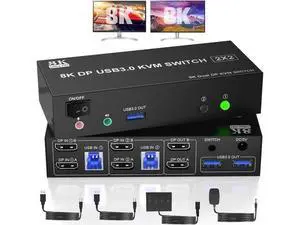 Displayport KVM Switch Dual Monitor 8K@60Hz/4K@144Hz, DP 1.4 USB 3.0 KVM Switcher for 2 Computers Share 2 Monitors and 3 USB Devices with Audio Microphone, Support Extended & Mirror Mode Displayport KVM Switch Dual Monitor 8K@60Hz/4K@144Hz, DP 1.4 USB 3.0 KVM Switcher for 2 Computers Share 2 Monitors and 3 USB Devices with Audio Microphone, Support Extended & Mirror Mode