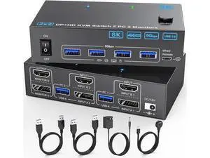 HDMI + Displayport KVM Switch 2 PC 2 Monitors 8K@60Hz, 4K144Hz, KVM Switch Dual Monitor for 2 Computers Share 2 Monitors and 4 USB 3.0 Devices. With USB Cables,Power Adapter &Desktop Controller HDMI + Displayport KVM Switch 2 PC 2 Monitors 8K@60Hz, 4K144Hz, KVM Switch Dual Monitor for 2 Computers Share 2 Monitors and 4 USB 3.0 Devices. With USB Cables,Power Adapter &Desktop Controller