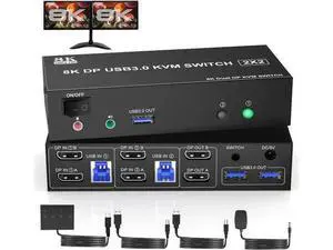 Vszerda 8K@60Hz USB 3.0 Displayport KVM Switch 2 Monitors 2 Computers, DP 1.4 Dual Monitor KVM Switch with Audio Microphone Output and 3 USB 3.0 Ports, Wired Remote and 2 USB Cables Included Vszerda 8K@60Hz USB 3.0 Displayport KVM Switch 2 Monitors 2 Computers, DP 1.4 Dual Monitor KVM Switch with Audio Microphone Output and 3 USB 3.0 Ports, Wired Remote and 2 USB Cables Included