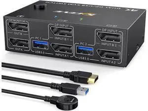 2 Ports Dual Monitor DisplayPort KVM Switch 8K @30Hz 4K @60Hz 2 in 2 Out, DP 1.4 KVM Switch and 4 USB 3.0 for 2 Computers, Backward Compatible DP1.2 with DP+USB Cables and Wired Controller included 2 Ports Dual Monitor DisplayPort KVM Switch 8K @30Hz 4K @60Hz 2 in 2 Out, DP 1.4 KVM Switch and 4 USB 3.0 for 2 Computers, Backward Compatible DP1.2 with DP+USB Cables and Wired Controller included