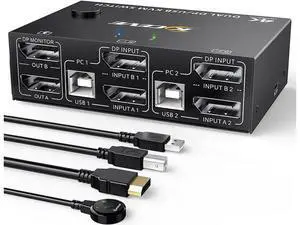 2 Port DP KVM Switch Dual Monitor DisplayPort 1.4 8K @30Hz 4K @144Hz 2 in 2 Out, DP1.4 KVM Switch and 4 USB HUBs for 2 Computers, Backward Compatible DP1.2 with DP+USB Cables and Wired Controller 2 Port DP KVM Switch Dual Monitor DisplayPort 1.4 8K @30Hz 4K @144Hz 2 in 2 Out, DP1.4 KVM Switch and 4 USB HUBs for 2 Computers, Backward Compatible DP1.2 with DP+USB Cables and Wired Controller