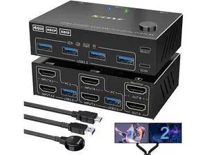 2 Ports Dual Monitor HDMI KVM Switch 2 in 2 Out, 4K @60Hz KVM Switch HDMI Extended Display 2 Computers 2 Monitors and 4 USB 3.0 Ports with Simulation EDID, Wired Controller, HD-MI 2.0+USB 3.0 Cables 2 Ports Dual Monitor HDMI KVM Switch 2 in 2 Out, 4K @60Hz KVM Switch HDMI Extended Display 2 Computers 2 Monitors and 4 USB 3.0 Ports with Simulation EDID, Wired Controller, HD-MI 2.0+USB 3.0 Cables