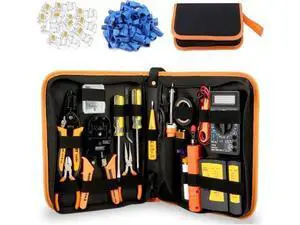 Network Crimp Tool Kit for RJ45/RJ11/RJ12/CAT5/CAT6/Cat5e/8P, Professional Crimper Connector Stripper Cutter, Computer Maintenance Lan Cable Pliers Tester Soldering Iron Set Network Crimp Tool Kit for RJ45/RJ11/RJ12/CAT5/CAT6/Cat5e/8P, Professional Crimper Connector Stripper Cutter, Computer Maintenance Lan Cable Pliers Tester Soldering Iron Set