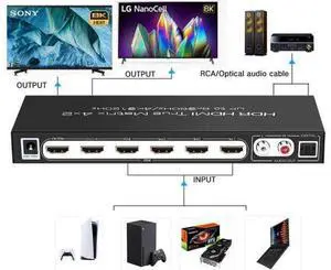 8K @60Hz HDR UHD HDMI 2.1 Matrix, HDR 4K 120Hz HDMI True Matrix 4x2 48Gbps ARC 8K 60Hz Splitter Switcher Switch 4 in 2 out HDMI2.1 Audio extractor 8K @60Hz HDR UHD HDMI 2.1 Matrix, HDR 4K 120Hz HDMI True Matrix 4x2 48Gbps ARC 8K 60Hz Splitter Switcher Switch 4 in 2 out HDMI2.1 Audio extractor