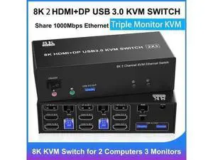 KVM Switch 3 Monitors 2 Computers, 2 HDMI + DisplayPort USB 3.0 KVM Switch Triple Monitor for 2 Computer Share 1000Mbps RJ45 Ethernet, with 3 USB 3.0 Ports, 3.5m Audio&Microphone, Wired Remote KVM Switch 3 Monitors 2 Computers, 2 HDMI + DisplayPort USB 3.0 KVM Switch Triple Monitor for 2 Computer Share 1000Mbps RJ45 Ethernet, with 3 USB 3.0 Ports, 3.5m Audio&Microphone, Wired Remote