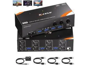 KVM Switch 3 Monitors 3 Computers 8K@60Hz/4K@120Hz, HDMI + 2 Displayport KVM Switches for 3 PC Sharing Triple Monitors and Keyboard Mouse with Power Adapter, Wired Controller and USB3.0 Cables KVM Switch 3 Monitors 3 Computers 8K@60Hz/4K@120Hz, HDMI + 2 Displayport KVM Switches for 3 PC Sharing Triple Monitors and Keyboard Mouse with Power Adapter, Wired Controller and USB3.0 Cables