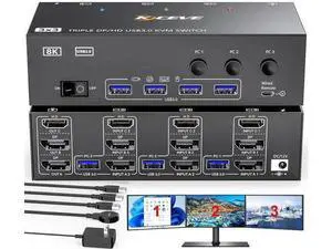 Vszerda KVM Switch 3 Monitors 3 Computers 8K@60Hz, HDMI + 2 Displayport Triple Monitor KVM Switches for 3PCs Share 3 Monitors and 4 USB 3.0 Devices, Wired Remote and Power Adapter Included Vszerda KVM Switch 3 Monitors 3 Computers 8K@60Hz, HDMI + 2 Displayport Triple Monitor KVM Switches for 3PCs Share 3 Monitors and 4 USB 3.0 Devices, Wired Remote and Power Adapter Included