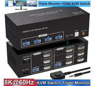 8K@60Hz HDMI KVM Switch 3 Monitors 2 Computers, USB 3.0 Triple Monitor KVM Switcher with 4 USB Ports for 2 PCs Support Extended&Copy Mode, Wired Controller 12V DC Adapter 2 USB Cables Included 8K@60Hz HDMI KVM Switch 3 Monitors 2 Computers, USB 3.0 Triple Monitor KVM Switcher with 4 USB Ports for 2 PCs Support Extended&Copy Mode, Wired Controller 12V DC Adapter 2 USB Cables Included