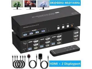Vszerda 8K@60Hz 1 HDMI + 2 Displayport KVM Switch 3 PC 3 Monitors, 4K@144Hz Triple Monitor KVM Switcher for 3 Computers Share 3 Monitors and 4 USB 3.0 Devices with 3 USB Cable and DC12V Adapter Vszerda 8K@60Hz 1 HDMI + 2 Displayport KVM Switch 3 PC 3 Monitors, 4K@144Hz Triple Monitor KVM Switcher for 3 Computers Share 3 Monitors and 4 USB 3.0 Devices with 3 USB Cable and DC12V Adapter