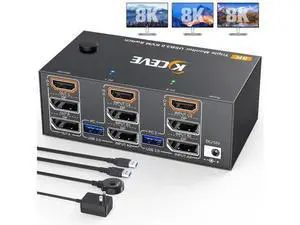 8K@60Hz HDMI + 2 Displayport KVM Switch 3 Monitors 2 Computers 4K@144Hz Triple Monitor KVM Switches for 2 PCs 3 Monitors with 4 USB 3.0 Port, Wired Remote,Power Adapter & USB3.0 Cables Included 8K@60Hz HDMI + 2 Displayport KVM Switch 3 Monitors 2 Computers 4K@144Hz Triple Monitor KVM Switches for 2 PCs 3 Monitors with 4 USB 3.0 Port, Wired Remote,Power Adapter & USB3.0 Cables Included