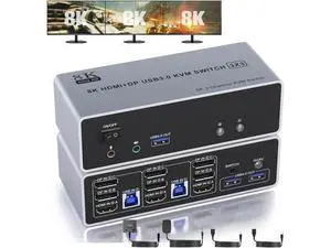 KVM Switch 3 Monitors 2 Computers 8K@60Hz 4K@144Hz, HDMI + 2 Displayport Triple Monitor KVM Switch for 2 PC Share 3 Monitor, Audio Mic Port and 3 USB 3.0 Devices Support Extended and Copy Mode KVM Switch 3 Monitors 2 Computers 8K@60Hz 4K@144Hz, HDMI + 2 Displayport Triple Monitor KVM Switch for 2 PC Share 3 Monitor, Audio Mic Port and 3 USB 3.0 Devices Support Extended and Copy Mode
