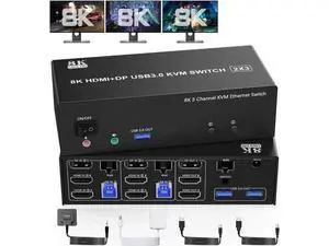 KVM Switch 3 Monitors 2 Computers 8K@60Hz 4K@144Hz, 2 HDMI + DisplayPort USB3.0 KVM Switch Triple Monitor for 2 Computer Share 1000Mbps Ethernet, 3 USB 3.0 Ports, Audio&Microphone, Wired Remote KVM Switch 3 Monitors 2 Computers 8K@60Hz 4K@144Hz, 2 HDMI + DisplayPort USB3.0 KVM Switch Triple Monitor for 2 Computer Share 1000Mbps Ethernet, 3 USB 3.0 Ports, Audio&Microphone, Wired Remote