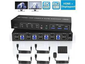 4K@60Hz Displayport + HDMI Dual Monitor KVM Switch 4PCs, USB 3.0 KVM Switch 2 Monitors 4 Computers, with Audio Microphone Output and 3 USB 3.0 Ports, HDMI+DP Monitor Switch for 4 PCs 2 Monitors 4K@60Hz Displayport + HDMI Dual Monitor KVM Switch 4PCs, USB 3.0 KVM Switch 2 Monitors 4 Computers, with Audio Microphone Output and 3 USB 3.0 Ports, HDMI+DP Monitor Switch for 4 PCs 2 Monitors