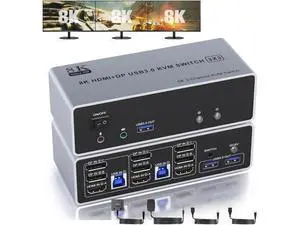 KVM Switch 3 Monitors 2 Computers 8K@60Hz 4K@144Hz, HDMI + 2 Displayport Triple Monitor KVM Switch for 2 PC Share 3 Monitor, Audio Mic Port and 3 USB 3.0 Devices Support Extended and Copy Mode KVM Switch 3 Monitors 2 Computers 8K@60Hz 4K@144Hz, HDMI + 2 Displayport Triple Monitor KVM Switch for 2 PC Share 3 Monitor, Audio Mic Port and 3 USB 3.0 Devices Support Extended and Copy Mode