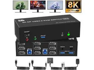 8K@60Hz KVM Switch 3 Monitors 2 Computers 4K@144Hz, DP 1.4 8K Displayport Triple Monitor KVM Switch for 2 Computer Share 3 Monitor, Audio Mic Port and 3 USB3.0 Devices, Wired Remote, 5V Adapter 8K@60Hz KVM Switch 3 Monitors 2 Computers 4K@144Hz, DP 1.4 8K Displayport Triple Monitor KVM Switch for 2 Computer Share 3 Monitor, Audio Mic Port and 3 USB3.0 Devices, Wired Remote, 5V Adapter
