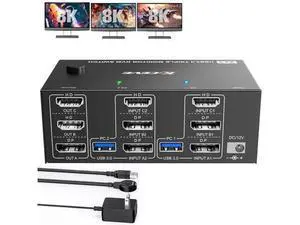 KVM Switch 2 PC 3 Monitors HDMI + DisplayPort 8K@60Hz 4K@144Hz, Triple Monitor KVM Switch for 2 PC Share 3 Monitors and 4 USB 3.0 Devices with 12V Power Adapter,Included Wired Remote Controller KVM Switch 2 PC 3 Monitors HDMI + DisplayPort 8K@60Hz 4K@144Hz, Triple Monitor KVM Switch for 2 PC Share 3 Monitors and 4 USB 3.0 Devices with 12V Power Adapter,Included Wired Remote Controller