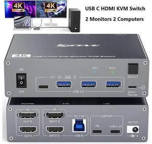Vszerda USB C KVM Switch 4K@60Hz, USB C HDMI Dual Monitor KVM Switch for 1 PC and 1 Laptop Sharing 2 Monitor and 4 USB3.0 Devices, 100W PD for Laptop with Wired Remote Control and USB Cables Included Vszerda USB C KVM Switch 4K@60Hz, USB C HDMI Dual Monitor KVM Switch for 1 PC and 1 Laptop Sharing 2 Monitor and 4 USB3.0 Devices, 100W PD for Laptop with Wired Remote Control and USB Cables Included
