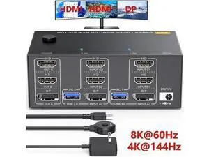 Triple Monitor 2 HDMI + Displayport KVM Switch, 8K@60Hz 4K@144Hz HDMI+DP USB 3.0 Switch Extended Display 3 Monitors 2 Computers KVM Switches 2 in 3 Out, with USB 3.0 Cables Wired Controller Triple Monitor 2 HDMI + Displayport KVM Switch, 8K@60Hz 4K@144Hz HDMI+DP USB 3.0 Switch Extended Display 3 Monitors 2 Computers KVM Switches 2 in 3 Out, with USB 3.0 Cables Wired Controller