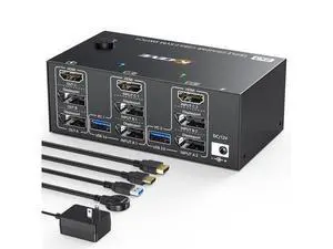 KVM Switch 3 Monitors 2 Computers, USB 3.0 HDMI + DisplayPort 8K@30Hz/4k@144Hz Triple Monitor DP KVM Switcher for 2 Computer Share 3 Display and 4 USB 3.0 Devices, Wired Remote Included KVM Switch 3 Monitors 2 Computers, USB 3.0 HDMI + DisplayPort 8K@30Hz/4k@144Hz Triple Monitor DP KVM Switcher for 2 Computer Share 3 Display and 4 USB 3.0 Devices, Wired Remote Included