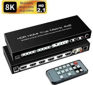 8K 4x2 HDMI Matrix, 4 in 2 Out HDMI 2.1 Matrix HDMI Video Switcher Splitter + Optical & L/R Audio Output,Support 4K @120Hz,HDR10 HDCP2.3 Do-l-by Vision Atmos SPDIF 5.1CH ARC with IR Remote Control 8K 4x2 HDMI Matrix, 4 in 2 Out HDMI 2.1 Matrix HDMI Video Switcher Splitter + Optical & L/R Audio Output,Support 4K @120Hz,HDR10 HDCP2.3 Do-l-by Vision Atmos SPDIF 5.1CH ARC with IR Remote Control
