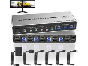 4 Port HDMI Dual Monitor USB 3.0 KVM Switch 4K 60Hz, KVM Switch 2 Monitors for 4PCs Supports EDID, HDMI KVM Switch 4 Computers with Audio Microphone Output and 3 USB 3.0 Ports, 4 in 2 Out KVM 4 Port HDMI Dual Monitor USB 3.0 KVM Switch 4K 60Hz, KVM Switch 2 Monitors for 4PCs Supports EDID, HDMI KVM Switch 4 Computers with Audio Microphone Output and 3 USB 3.0 Ports, 4 in 2 Out KVM