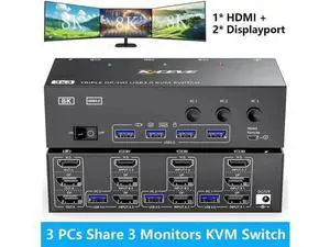 KVM Switch 3 Monitors 3 Computers 8K@60Hz 4K@144Hz, 1 HDMI + 2 Displayport KVM Switch Triple Monitor for 3 Computer Share 3 Monitor and 4 USB 3.0 Devices,Wired Remote and Power Adapter Included KVM Switch 3 Monitors 3 Computers 8K@60Hz 4K@144Hz, 1 HDMI + 2 Displayport KVM Switch Triple Monitor for 3 Computer Share 3 Monitor and 4 USB 3.0 Devices,Wired Remote and Power Adapter Included