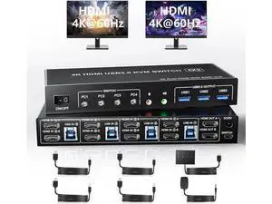 Vszerda USB 3.0 HDMI KVM Switch 4 Computers, Supports EDID, 4K@60Hz Dual Monitor HDMI KVM Switches for 4 PCs with 3 USB 3.0 and Audio Microphone Ports, 4 Port HDMI KVM Switch 4 in 2 Out for 4PCs Vszerda USB 3.0 HDMI KVM Switch 4 Computers, Supports EDID, 4K@60Hz Dual Monitor HDMI KVM Switches for 4 PCs with 3 USB 3.0 and Audio Microphone Ports, 4 Port HDMI KVM Switch 4 in 2 Out for 4PCs