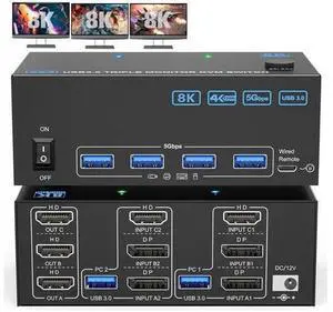KVM Switch 3 Monitors 2 Computers 8K@60Hz 4K@144Hz, 1*HDMI+2*DP in, 3*HDMI Out,Triple Monitor KVM Switch with 4 USB 3.0 Ports for USB Devices, Wired Remote,Power Adapter and USB Cables Included KVM Switch 3 Monitors 2 Computers 8K@60Hz 4K@144Hz, 1*HDMI+2*DP in, 3*HDMI Out,Triple Monitor KVM Switch with 4 USB 3.0 Ports for USB Devices, Wired Remote,Power Adapter and USB Cables Included