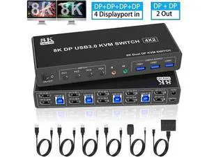 8K@60Hz 4 Ports Displayport USB 3.0 KVM Switch for 4 Computer 2 Monitor, DP1.4 Dual Monitor KVM Switches with Audio Microphone Output and 3 USB 3.0 Ports, 8K DP Monitor Switch for 4PC 2 Monitor 8K@60Hz 4 Ports Displayport USB 3.0 KVM Switch for 4 Computer 2 Monitor, DP1.4 Dual Monitor KVM Switches with Audio Microphone Output and 3 USB 3.0 Ports, 8K DP Monitor Switch for 4PC 2 Monitor
