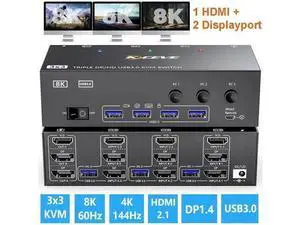 KVM Switch 3 Monitors 3 Computers 8K@60Hz, HDMI + 2* Displayport Triple Monitor KVM Switches for 3 Computers Share 3 Monitors and 4 USB 3.0 Devices, Wired Remote and 12V power adapter Included KVM Switch 3 Monitors 3 Computers 8K@60Hz, HDMI + 2* Displayport Triple Monitor KVM Switches for 3 Computers Share 3 Monitors and 4 USB 3.0 Devices, Wired Remote and 12V power adapter Included